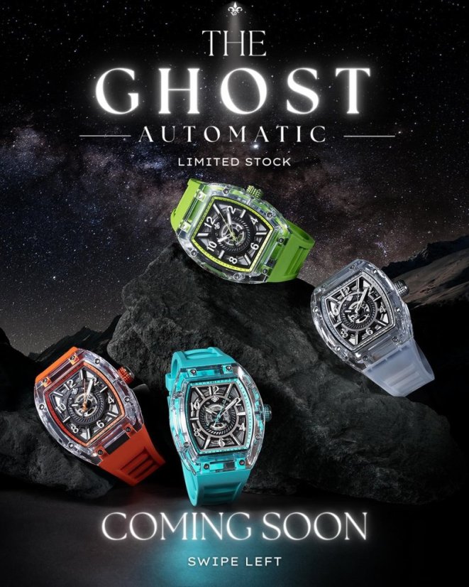 Men's silver Ralph Christian watch with a rubber band The Ghost - Acid Green Automatic 43MM