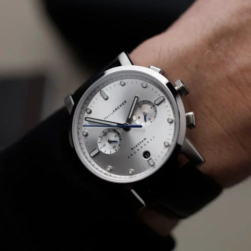Męski srebrny zegarek Henryarcher Watches ze skórzanym paskiem Kvantum - Matriks Nero 41MM