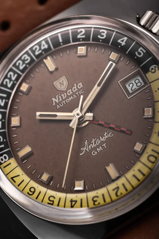 Men's silver Nivada Grenchen watch with leather strap Antarctic GMT - Tropical 32061A17 36MM Automatic