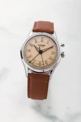 Men's silver Vulcain watch with leather strap Cricket Classique Brown Plain Steel Case Back - Khaki Brown 39MM Automatic