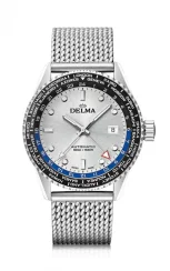 Męski srebrny zegarek Delma Watches ze stalowym paskiem Cayman Worldtimer Silver 42MM Automatic