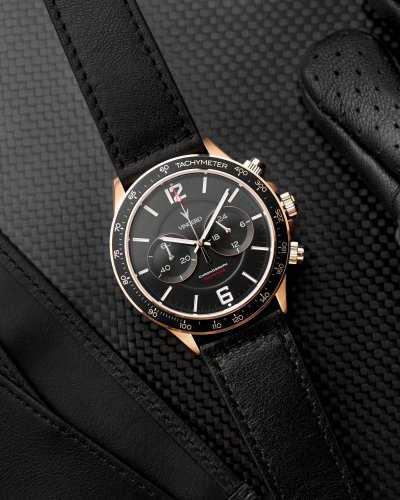 Čierne pánske hodinky Vincero s opaskom z pravej kože The Apex Rose Gold/Black 42MM