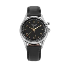 Stříbrné pánské hodinky Vulcain s koženým páskem Cricket Tradition Black Plain Steel Case Back - Black & Gold 36MM Automatic