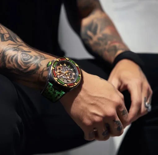 Černé pánské hodinky Nsquare s koženým páskem SnakeQueen Green / Black 46MM Automatic