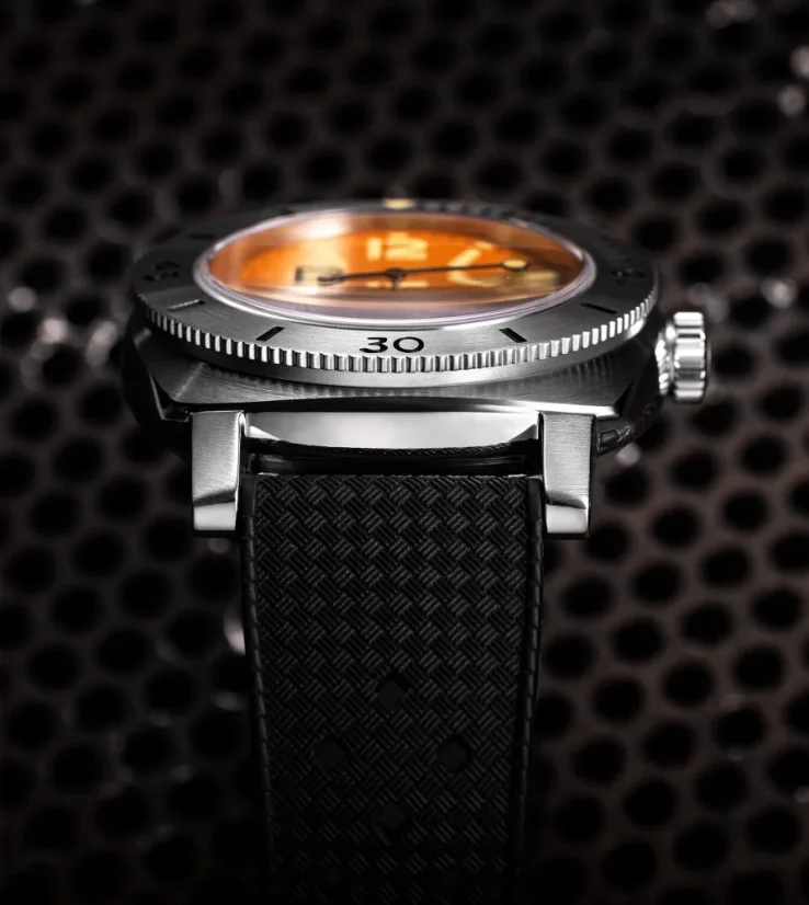 Men's silver Nivada Grenchen watch with leather strap Orange Depthmaster 14127A17 39MM Automatic