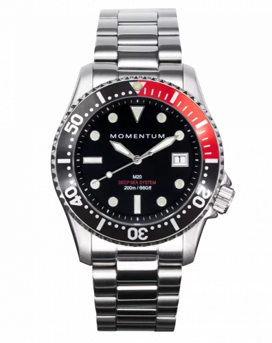 Męski srebrny zegarek Momentum Watches ze stalowym paskiem M20 DSS Diver Black and Red 42MM