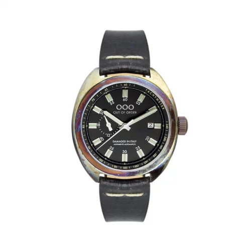 Stříbrné pánské hodinky Out Of Order s koženým páskem Torpedine Black 42MM Automatic