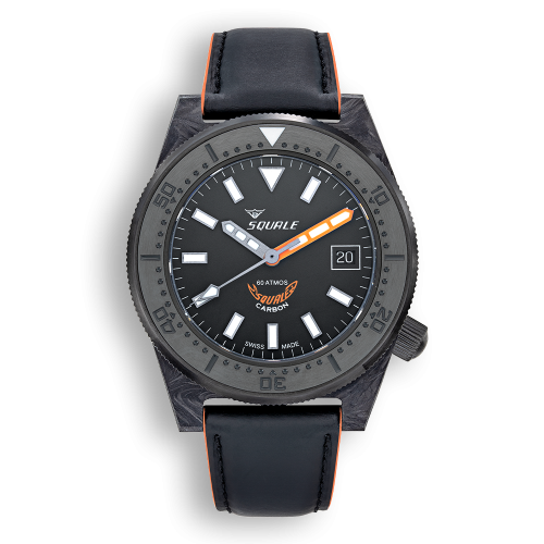 Montre Squale pour homme en noir avec cuir caoutchouté T-183 Forged Carbon Orange - Black 42MM Automatic