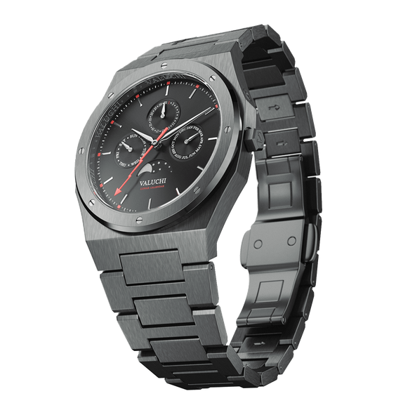 Men's black Valuchi watch with steel strap Lunar Calendar - Gunmetal Black 40MM