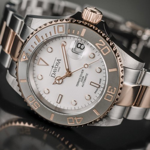 Stříbrné pánské hodinky Davosa s ocelovým páskem Ternos Ceramic - Silver/Rose Gold 40MM Automatic