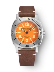 Men's silver Nivada Grenchen watch with leather strap Orange Depthmaster 14127A14 39MM Automatic