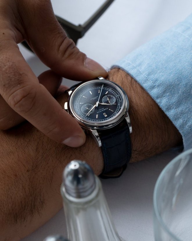 Men's silver Corniche watch with leather strap Chronograph Steel with Blue dial 39MM