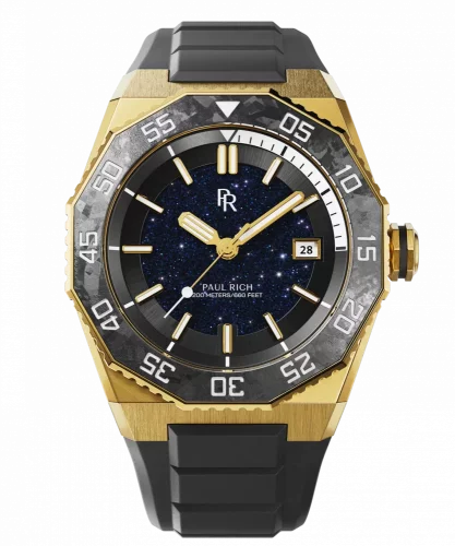 Reloj Paul Rich oro para hombre con banda elástica Aquacarbon Pro Imperial Gold - Aventurine 43MM
