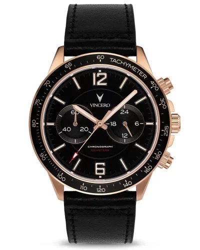 Relógio Vincero de homem preto com pulseira de couro genuíno The Apex Rose Gold/Black 42MM
