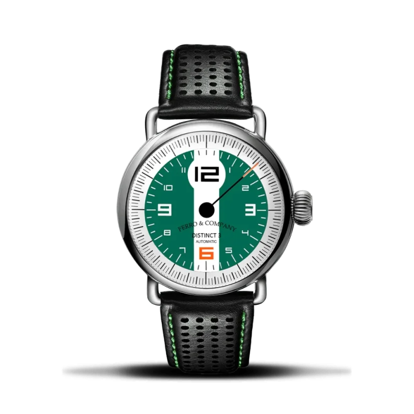 Zilveren herenhorloge van Ferro & Company met leren band Distinct 3 British Racing Green 42MM Automatic