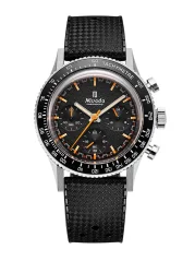 Men's silver Nivada Grenchen watch with rubber strap Tachymeter Bezel Chronoking Mecaquartz Inter. Bezel Black Rubber Tropic 87040Q01 38MM