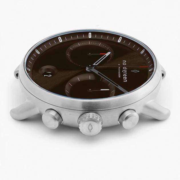 Men's silver Nordgreen watch with leather strap Pioneer Brown Sunray Dial - Brown Leather / Silver 42MM