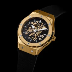 Złoty zegarek męski Ralph Christian z gumką Prague Skeleton Deluxe - Gold Automatic 44MM