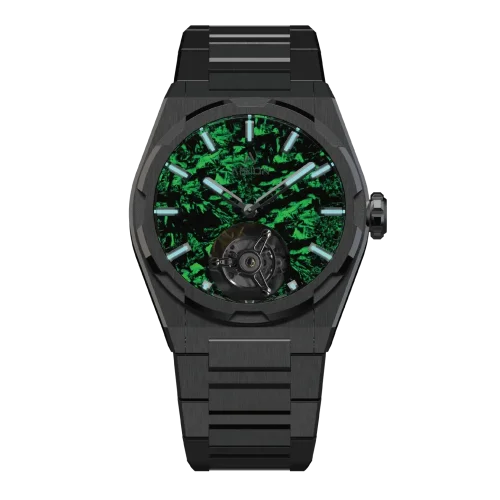 Men's black Aisiondesign Watch with steel strap Tourbillon - Lumed Forged Carbon Fiber Dial - Green 41MM