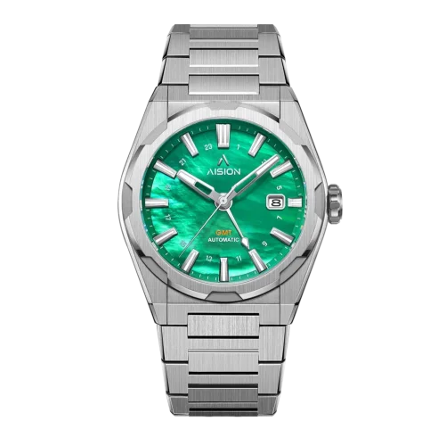 Zilveren herenhorloge van Aisiondesign Watches met stalen riem HANG GMT - Green MOP 41MM Automatic