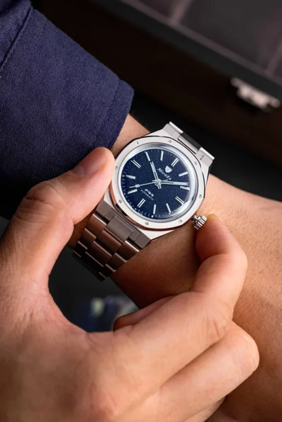 Men's silver Nivada Grenchen watch with steel strap F77 DARK BLUE 68010A77 37MM Automatic
