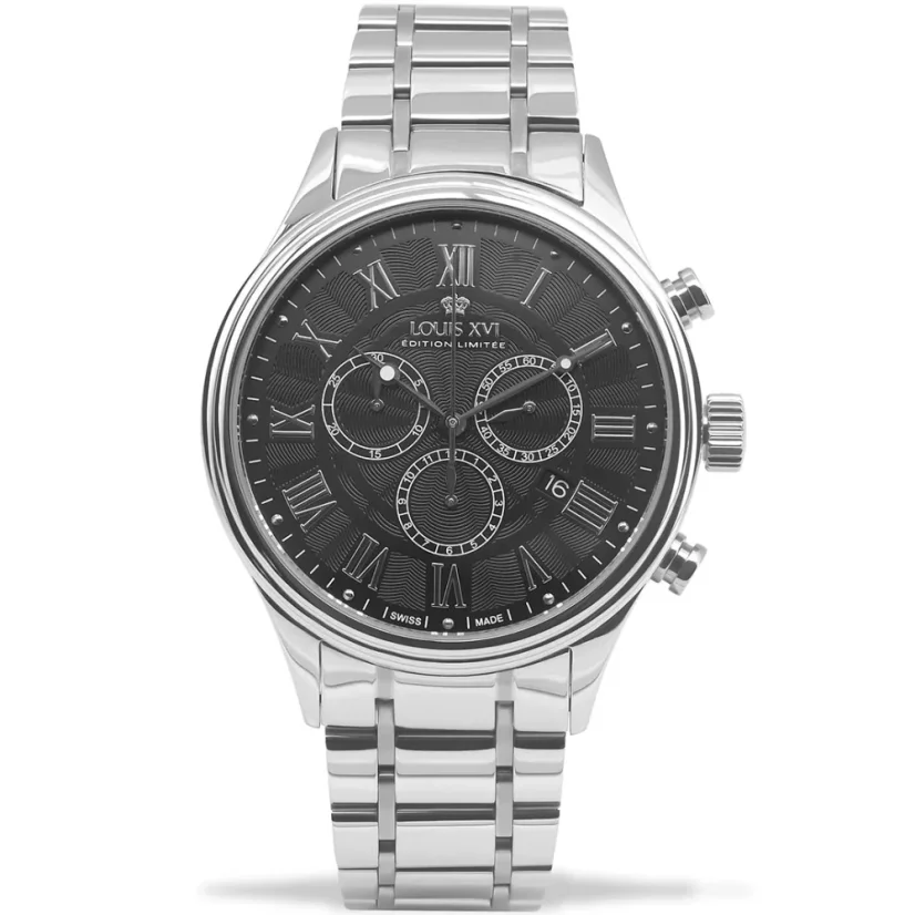 Men's silver Louis XVI watch with steel strap Danton - Silver / Black 44MM