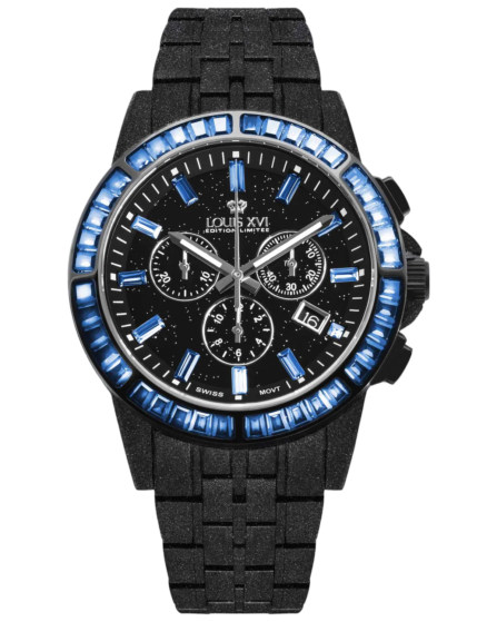 Černé pánské hodinky Louis XVI s ocelovým páskem Majesté Iced Out Rainbow 1130 - Black 43MM