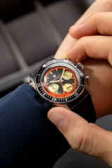 Stříbrné pánské hodinky Nivada Grenchen s koženým páskem Chronoking Paul Newman Orange Black Leather 87034Q17 38MM