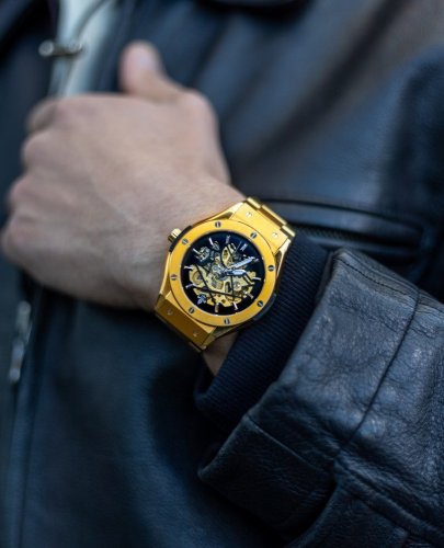 Zlaté pánské hodinky Ralph Christian s gumovým páskem Prague Skeleton Deluxe - Gold Automatic 44MM