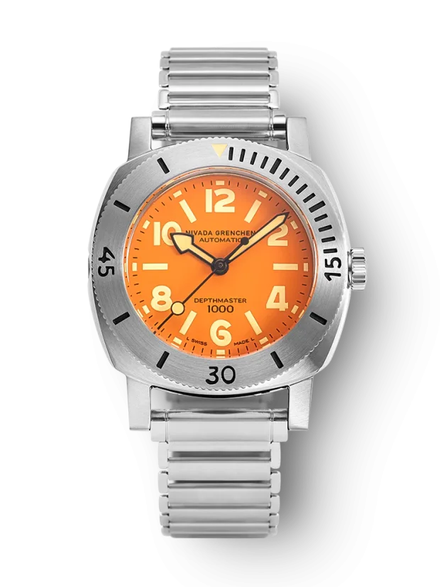Men's silver Nivada Grenchen watch with rubber steel Orange Depthmaster 14127A11 39MM Automatic