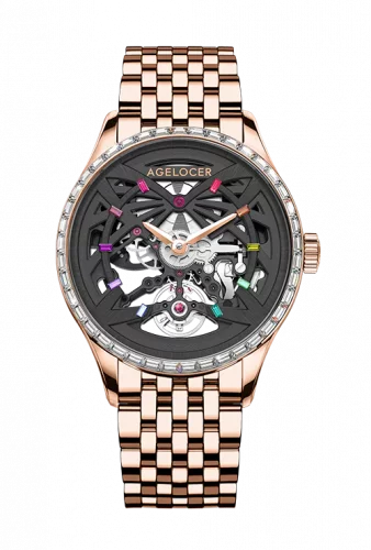 Herenhorloge in goudkleur van Agelocer Watches met stalen riem Schwarzwald II Series Gold / Black Rainbow 41MM Automatic