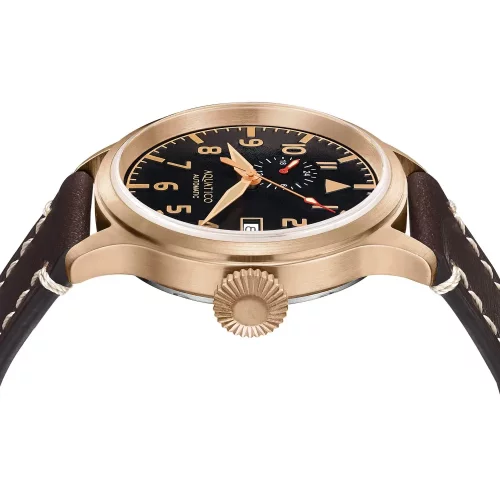 Muški zlatni sat Aquatico Watches s kožnim remenom Big Pilot Black Automatic 43MM