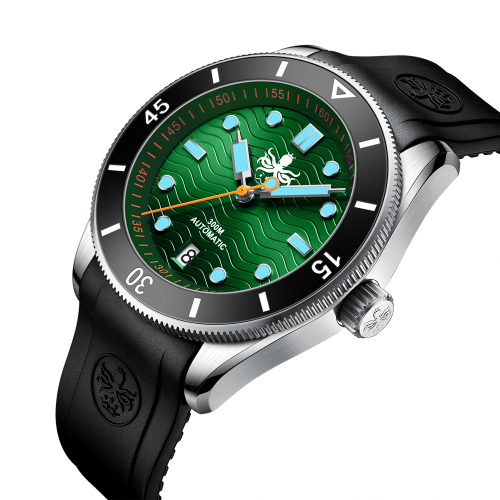 Men's black Phoibos Watches watch with rubber strap Wave Master PY010AR - Green Automatic 42MM