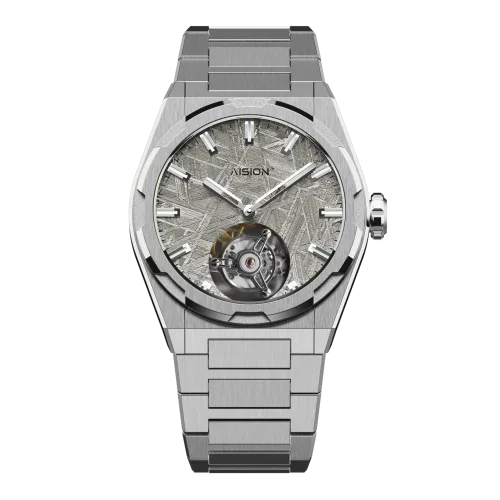 Men's silver Aisiondesign Watch with steel strap Tourbillon - Meteorite Dial Raw 41MM