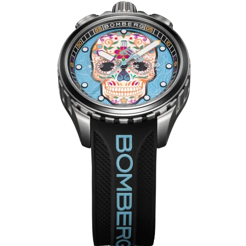 Čierne pánske hodinky Bomberg Watches s gumovým pásikom SUGAR SKULL BLUE 45MM