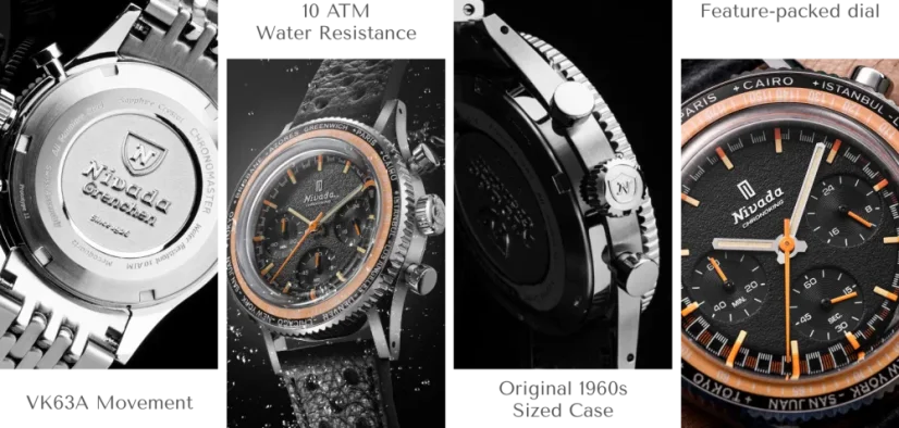 Men's silver Nivada Grenchen watch with rubber strap GMT Bezel