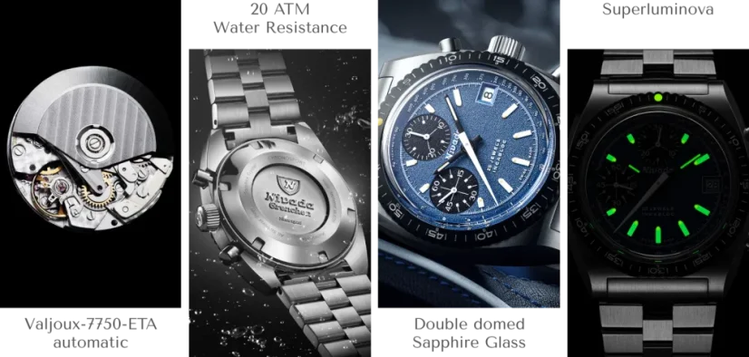 Men's silver Nivada Grenchen watch with leather strap CHRONOSPORT Blue 77003A10 38MM Automatic