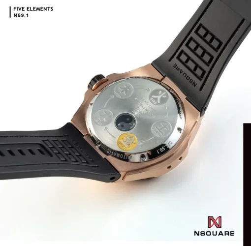 Złoty męski zegarek Nsquare ze gumowym paskiem FIVE ELEMENTS Gold / White 46MM Automatic