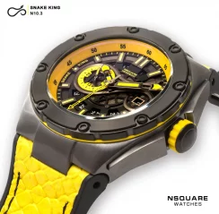 Čierne pánske hodinky Nsquare s koženým opaskom SnakeQueen Black / Yellow 46MM Automatic