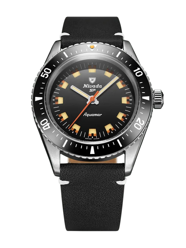 Stříbrné pánské hodinky Nivada Grenchen s koženým páskem Aquamar Black 32068A15 38MM Automatic