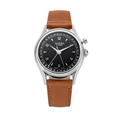 Men's silver Vulcain watch with leather strap Cricket Tradition Brown Pain Steel Case Back - Black 39MM Automatic