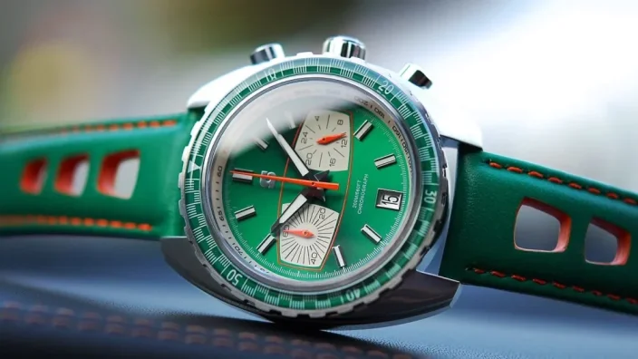 Srebrny zegarek męski Straton Watches ze skórzanym paskiem Syncro Green 44MM