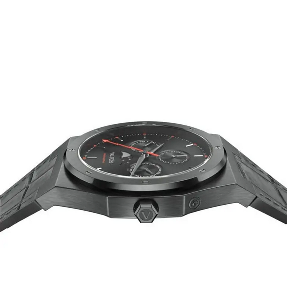 Men's black Valuchi watch with leather strap Lunar Calendar - Gunmetal Black Leather 40MM