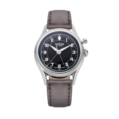 Men's silver Vulcain watch with leather strap Cricket Classique Grey Steel Case Back - Black & White/Blue 39MM Automatic