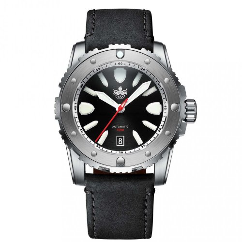 Men's silver Phoibos watch with steel leather Great Wall 300M - Black Automatic 42MM Limited Edition