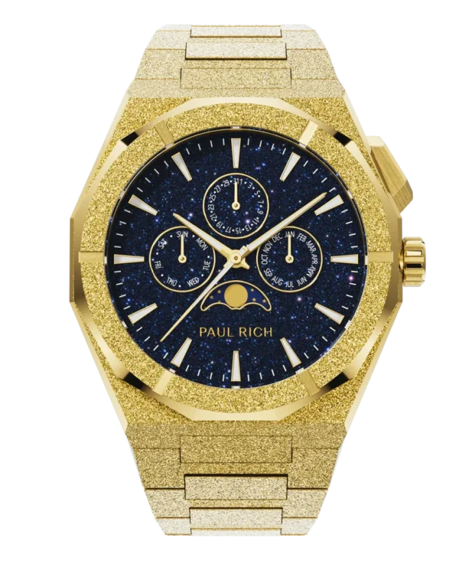 Zlaté pánske hodinky Paul Rich s oceľovým pásikom Frosted Star Dust II Moonphase - Gold 43MM