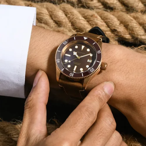 Goudkleurig herenhorloge Aquatico Watches met leren band Bronze Sea Star Brown Automatic 42MM