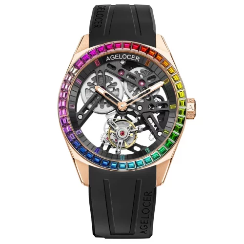 Zlaté pánske hodinky Agelocer Watches s gumovým pásikom Tourbillon Rainbow Series Black 42MM