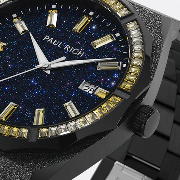 Relógio Paul Rich preto para homem com pulseira de aço Bumblebee Frosted Star Dust - Black 45MM Limited edition