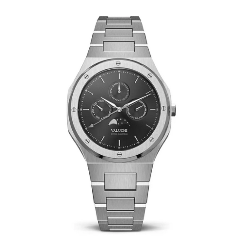 Miesten hopeinen Valuchi Watches -kello teräshihnalla Lunar Calendar - Silver Black 40MM
